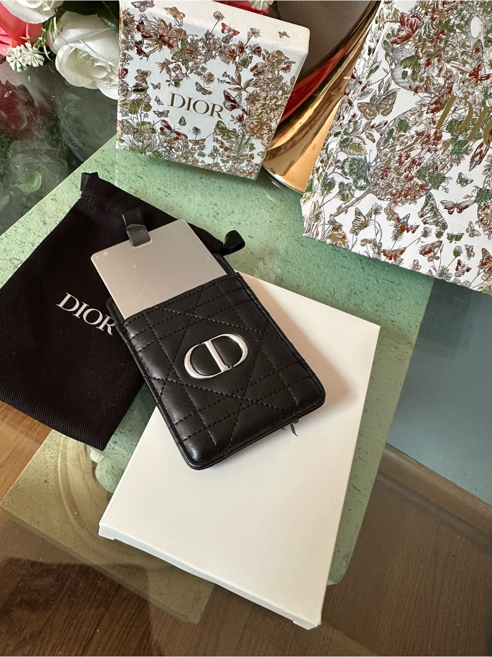 Dior Beauty Black Quilted Phone Mirror Card Holder New In Box CD Logo
